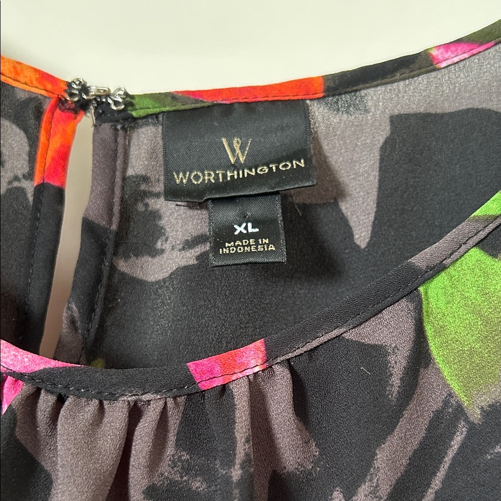Worthington Black Floral Blouse with Orange and Pink Accents - Picture 3 of 3